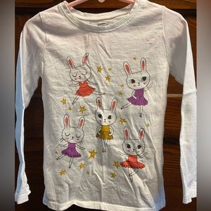 Little Girls’ long-sleeve Old Navy tee. White with dancing bunnies. Like-new.